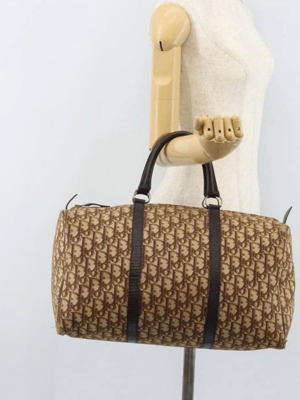 Christian Dior Trotter Canvas Boston Bag Beige Silver Auth 172362
